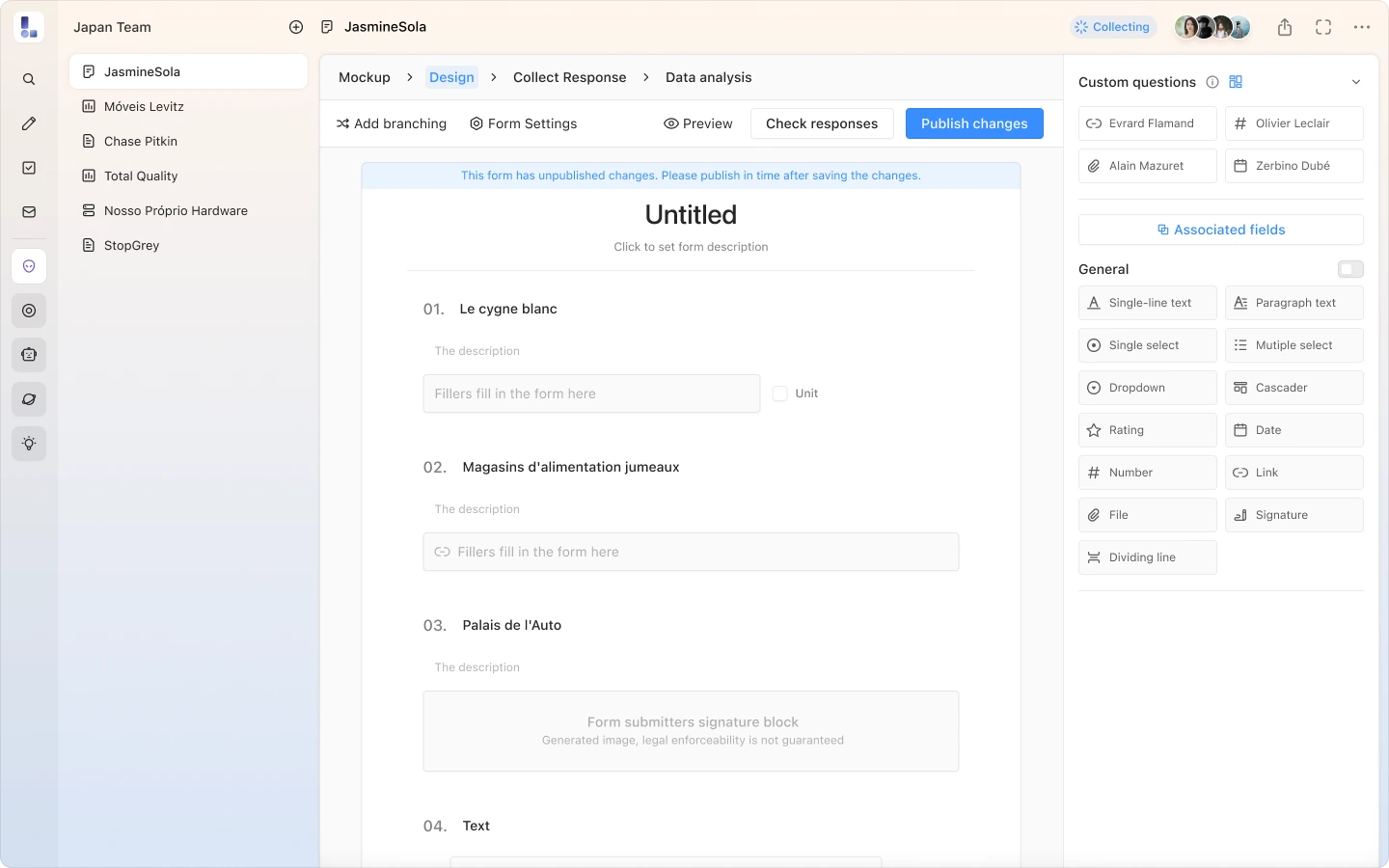 Original Shimo form editor showing workflow navigation, question editing and question types