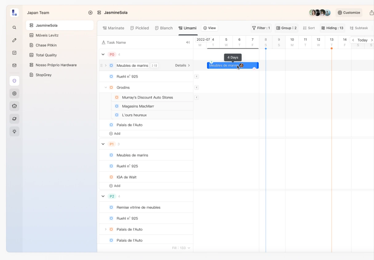 The optimized view: task identity on the left; owners and timing alongside the bars.